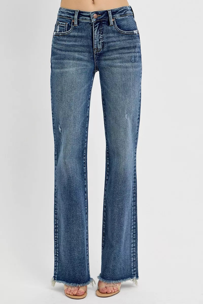 Risen High Rise Dark Wash Long Straight Jeans