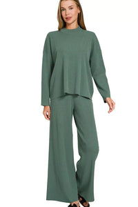 Viscose Sweater Knit Top & Pants Two-Piece Set in Ash Jade