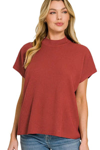 Zenana Viscose Mock Neck Short Sleeve Boxy Sweater Knit Top in Rust