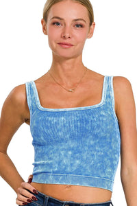 Zenana Washed 2 Way Neckline Ribbed Tank in Ocean Blue
