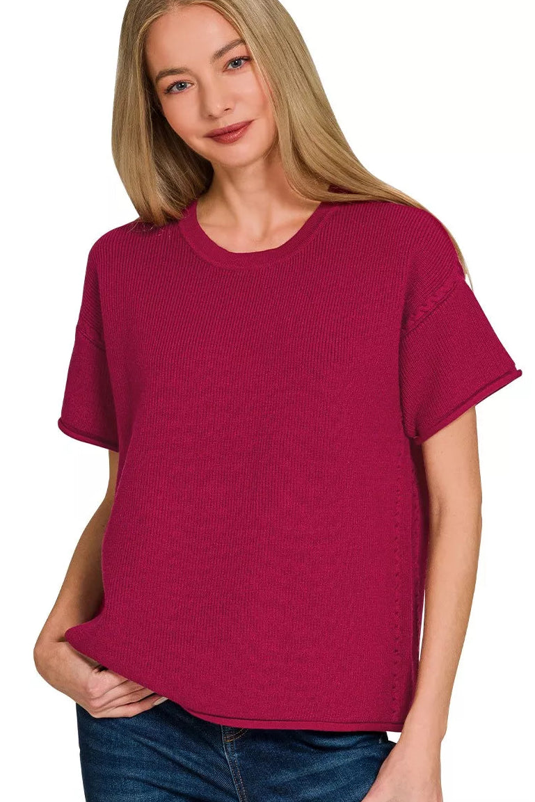Sweater Knit Short Sleeve Top & Pants Set in Cabernet