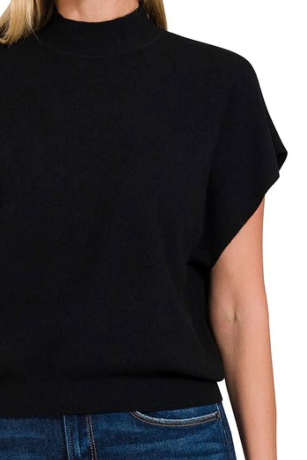 Zenana Mock Neck Short Dolman Sleeve Sweater in Black