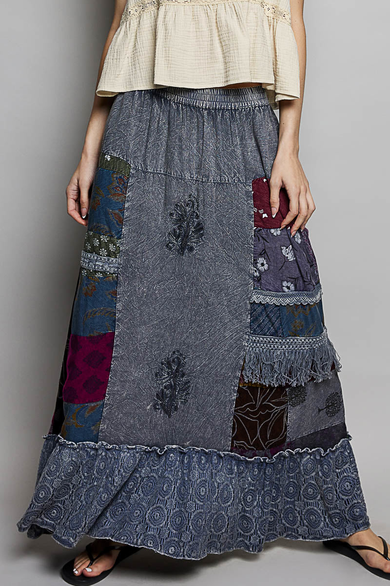 POL One of a Kind - Printed Patchwork Embroidered Ruffled Skirt