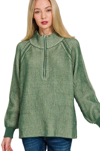Zenana Ribbed Two Tone Half Zip Sweater in Dark Green