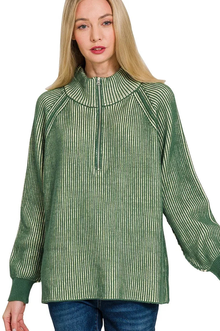 Zenana Ribbed Two Tone Half Zip Sweater in Dark Green