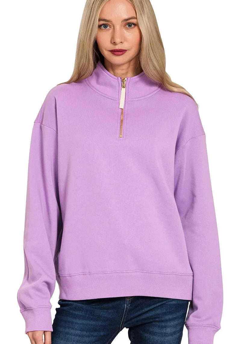 Zenana Quarter Zip Fleece Sweatshirt in Lavender