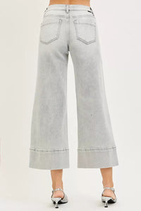Risen Mid Rise Light Grey Tummy Control Crop Wide Leg Pintuck Front Jeans