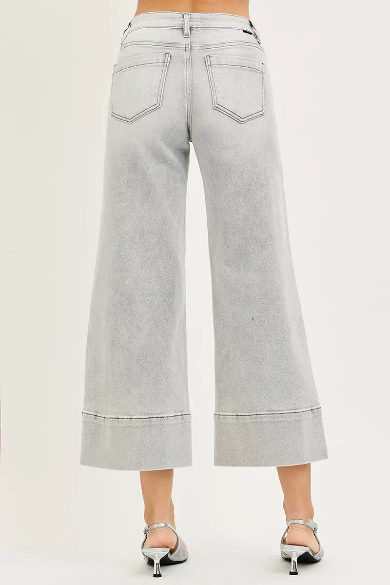 Risen Mid Rise Light Grey Tummy Control Crop Wide Leg Pintuck Front Jeans