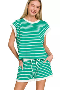 Stripe Contrast Trim Top &amp; Shorts Set in Kelly Green