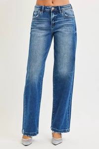 Risen High Rise Slouchy Baggy Side Seam Detail Jeans 