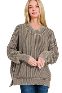 Zenana Washed Side Slit Oversized Sweater in Mocha
