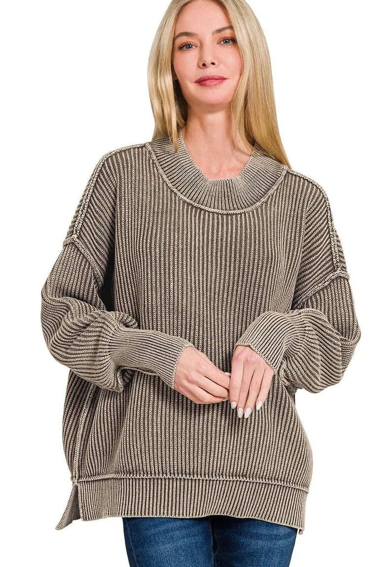 Zenana Washed Side Slit Oversized Sweater in Mocha
