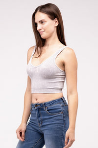 Mineral Wash Ribbed Cropped V-Neck Tank Top