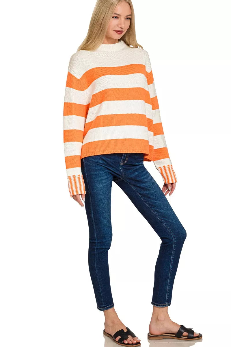Zenana Ribbed Striped Mock Neck Sweater