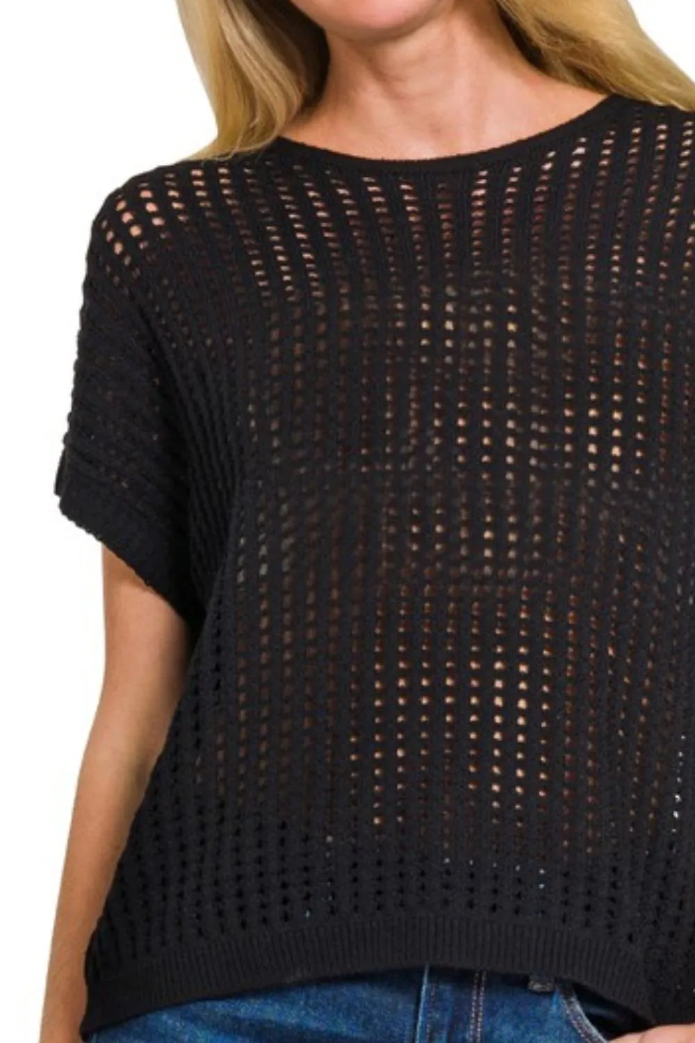 Zenana Crochet Knit Sheer Hollow Sweater