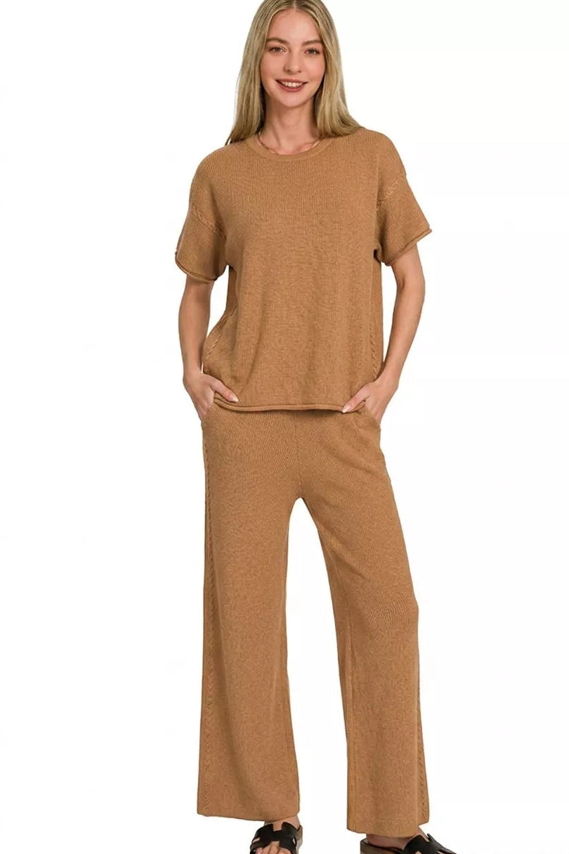 Sweater Knit Short Sleeve Top & Pants Set in Deep Camel