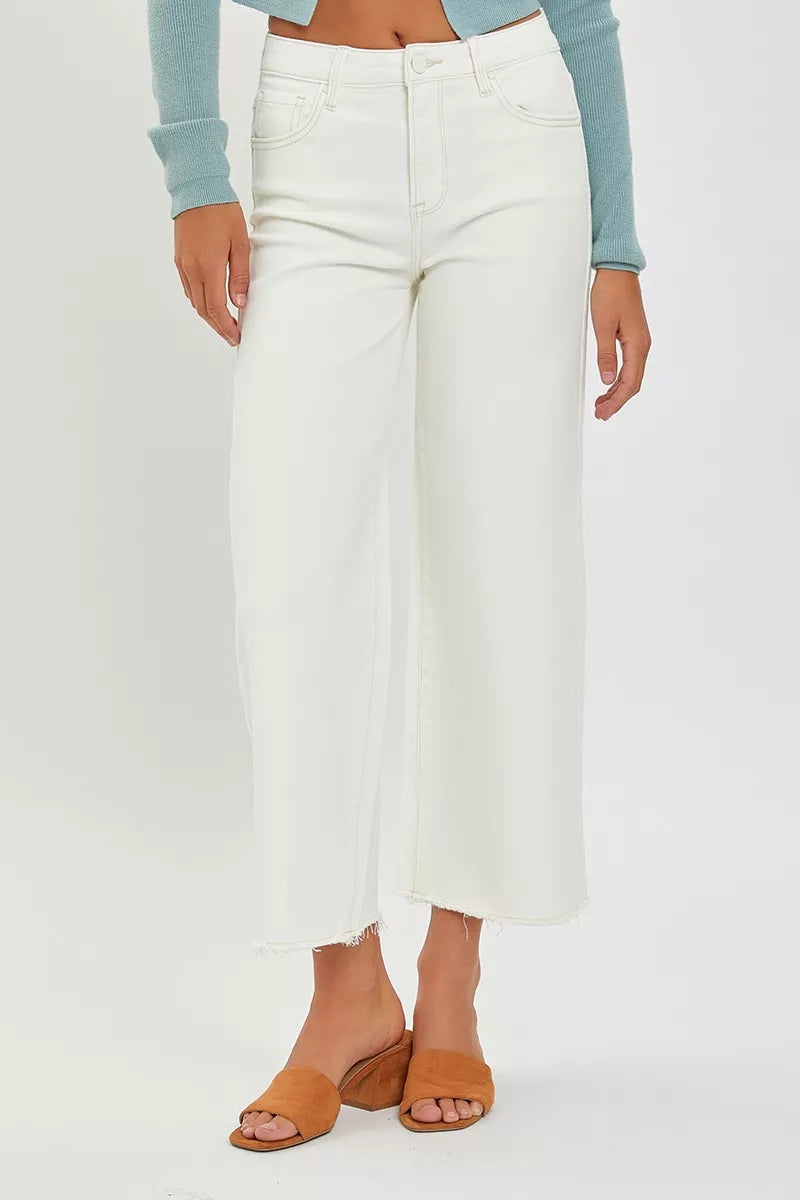 Risen Tummy Control High Rise Cream Wide Leg Jeans