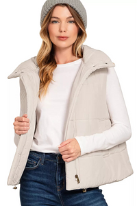 Zenana High Neck Zip-Up Vest Coat in Sand Beige