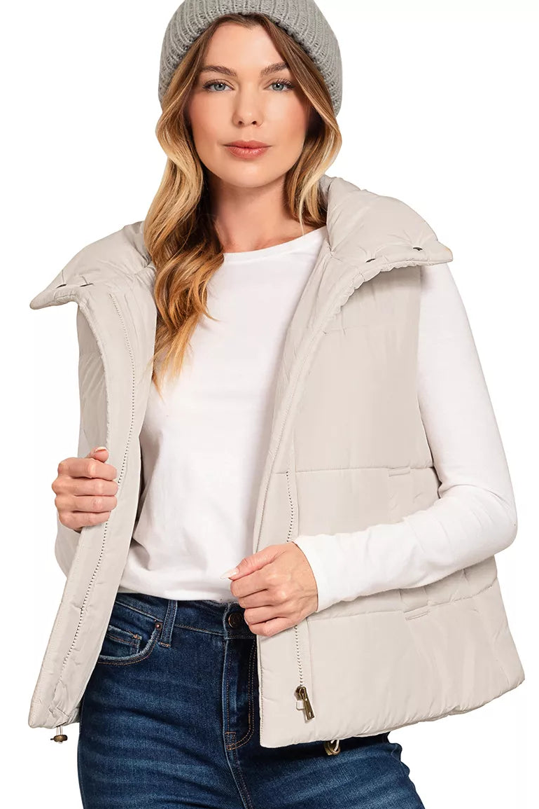 Zenana High Neck Zip-Up Vest Coat in Sand Beige