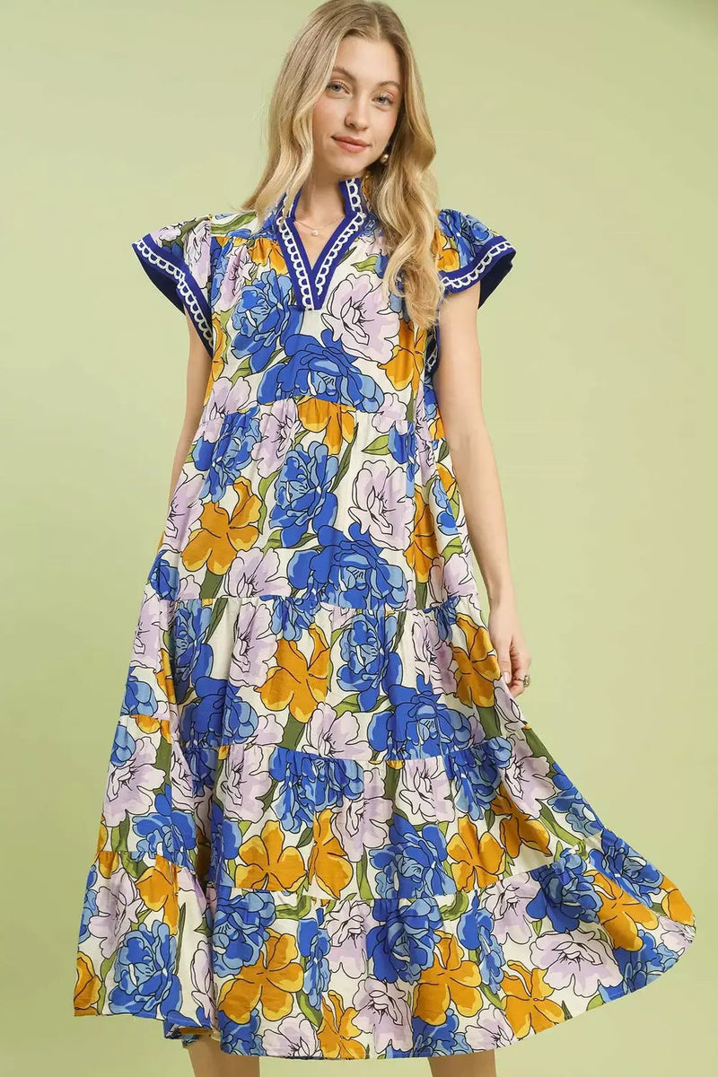 Umgee Blue Floral Tiered Midi Dress