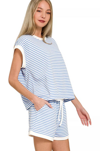Zenana Stripe Contrast Trim Top & Shorts Set in Cornflower Blue