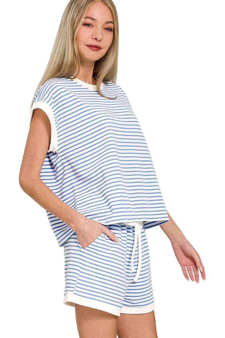 Zenana Stripe Contrast Trim Top & Shorts Set in Cornflower Blue