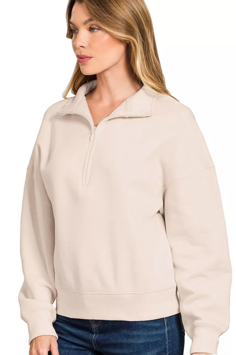 Fleece High Neck Half Zip Sweatshirt in Sand Beige