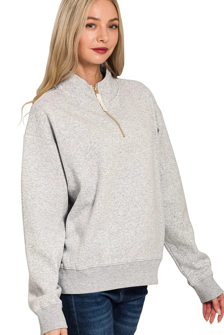 Zenana Quarter Zip Fleece Sweatshirt in Heather Grey