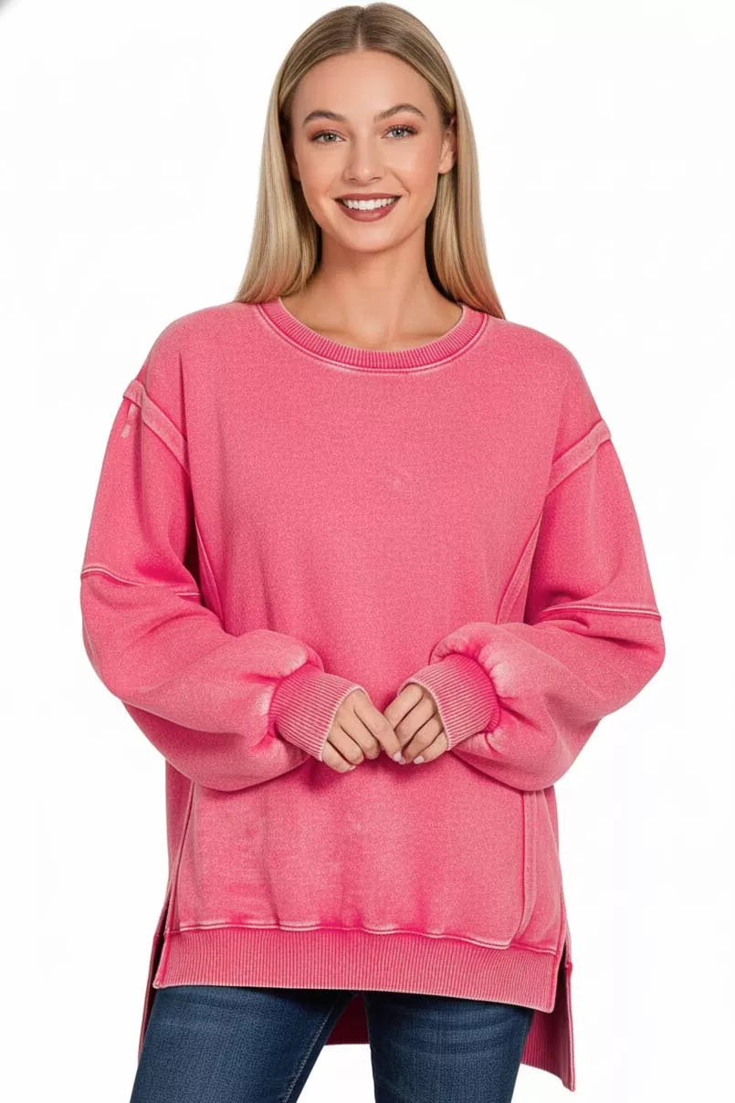 Zenana Acid Washed Batwing Sleeve Fleece Sweatshirt in Fuchsia 