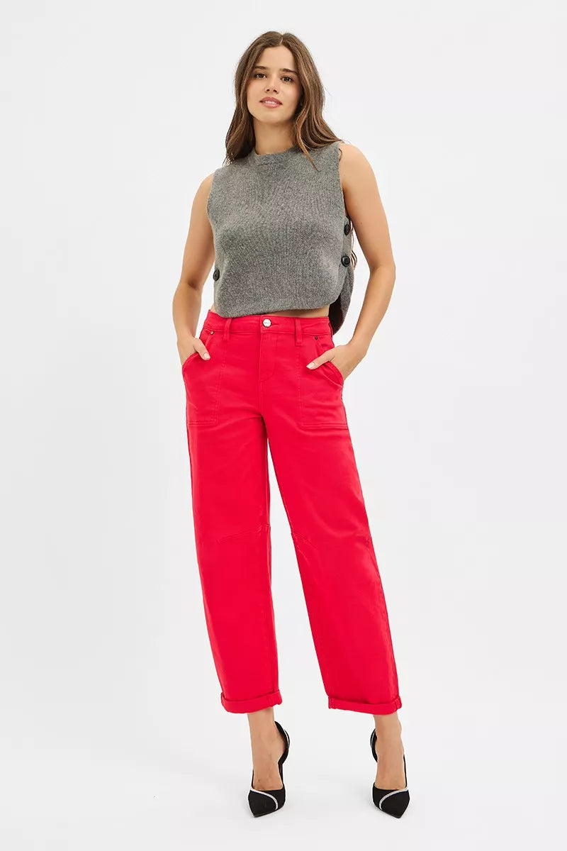 Risen High Rise Ankle Cuffed Barrel Pants in Scarlet Red