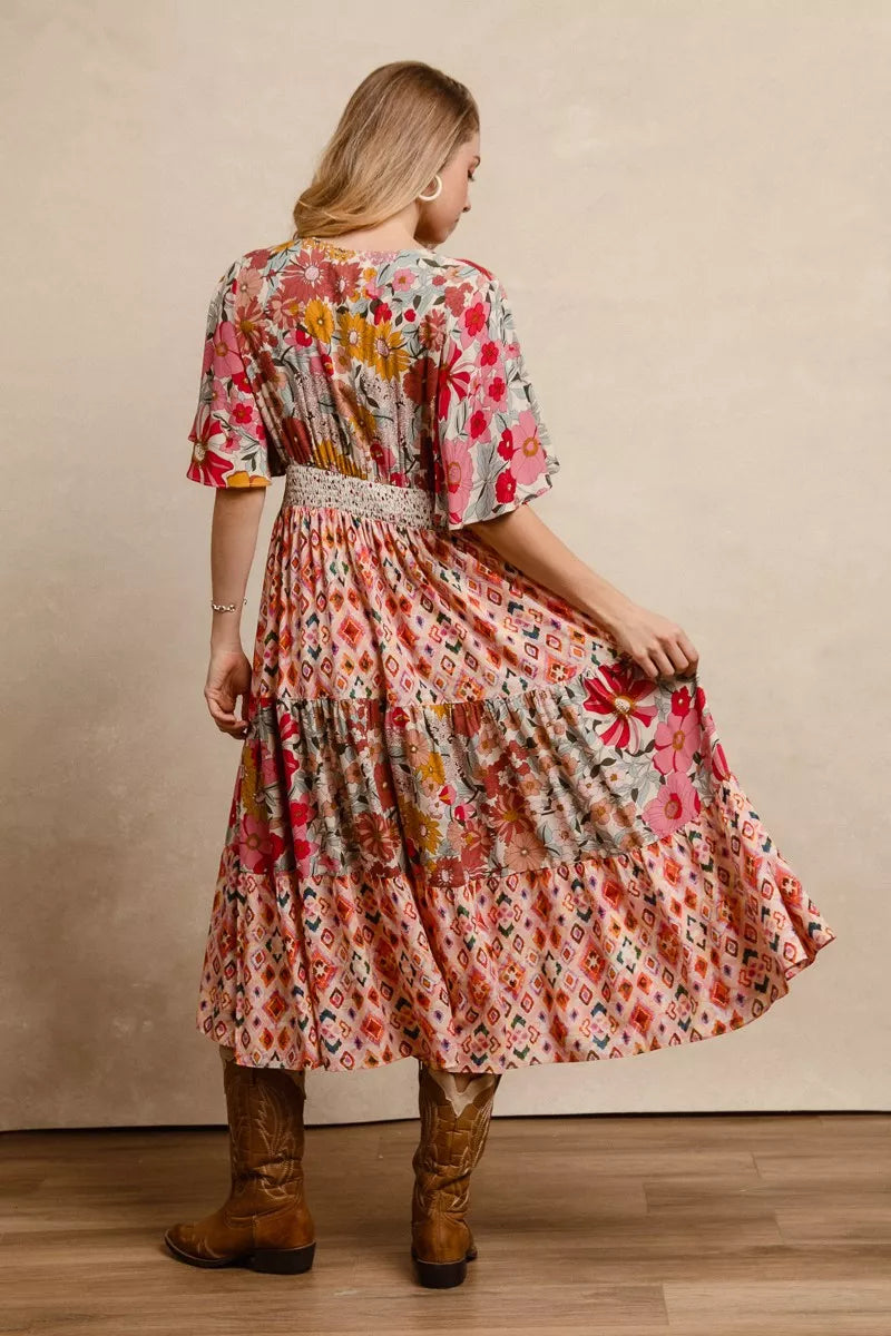 Bibi Floral Print Mix Midi Dress