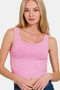 Zenana Washed Ribbed Scoop Neck Wide Strap Tank in Candy Pink