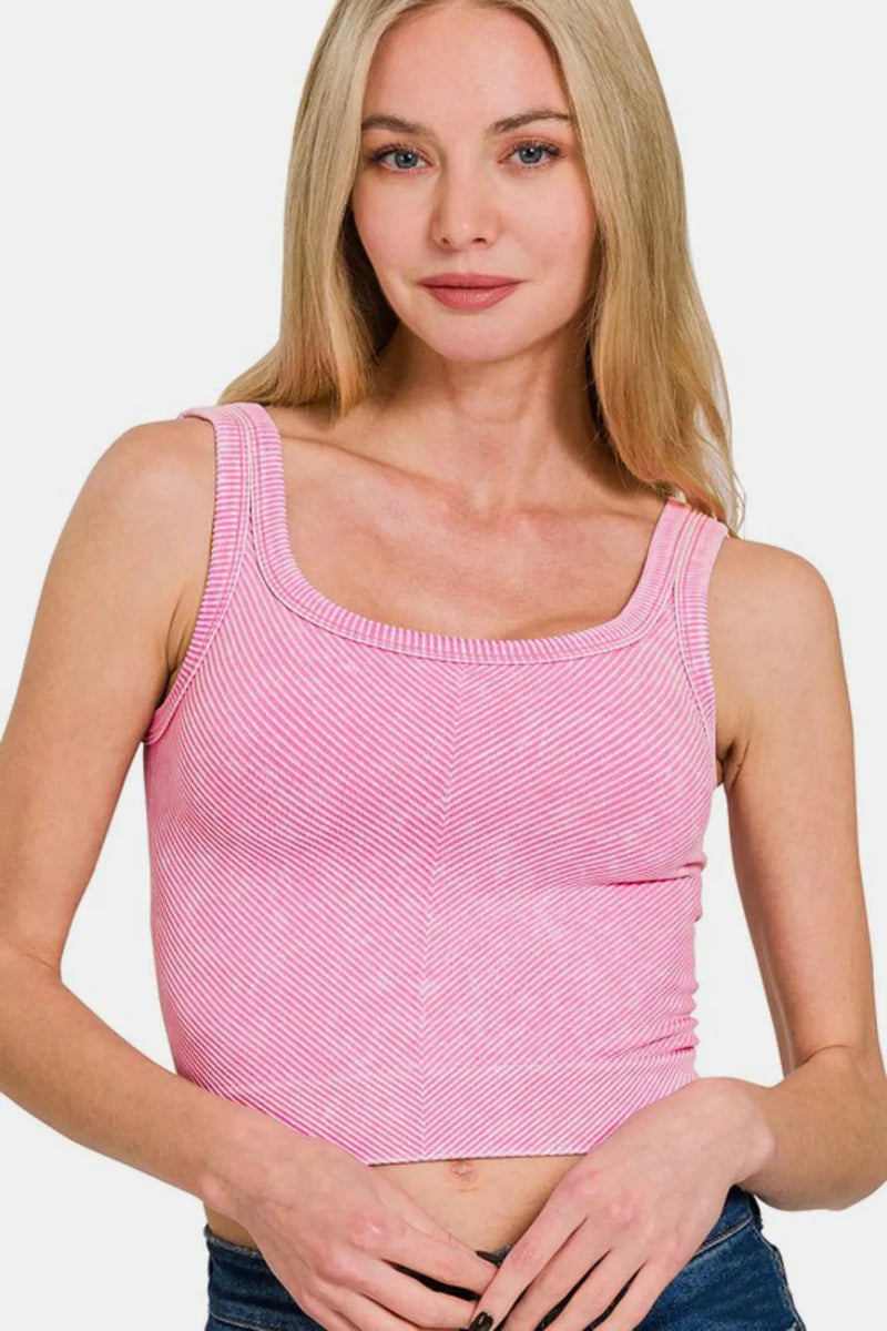 Zenana Washed Ribbed Scoop Neck Wide Strap Tank in Candy Pink