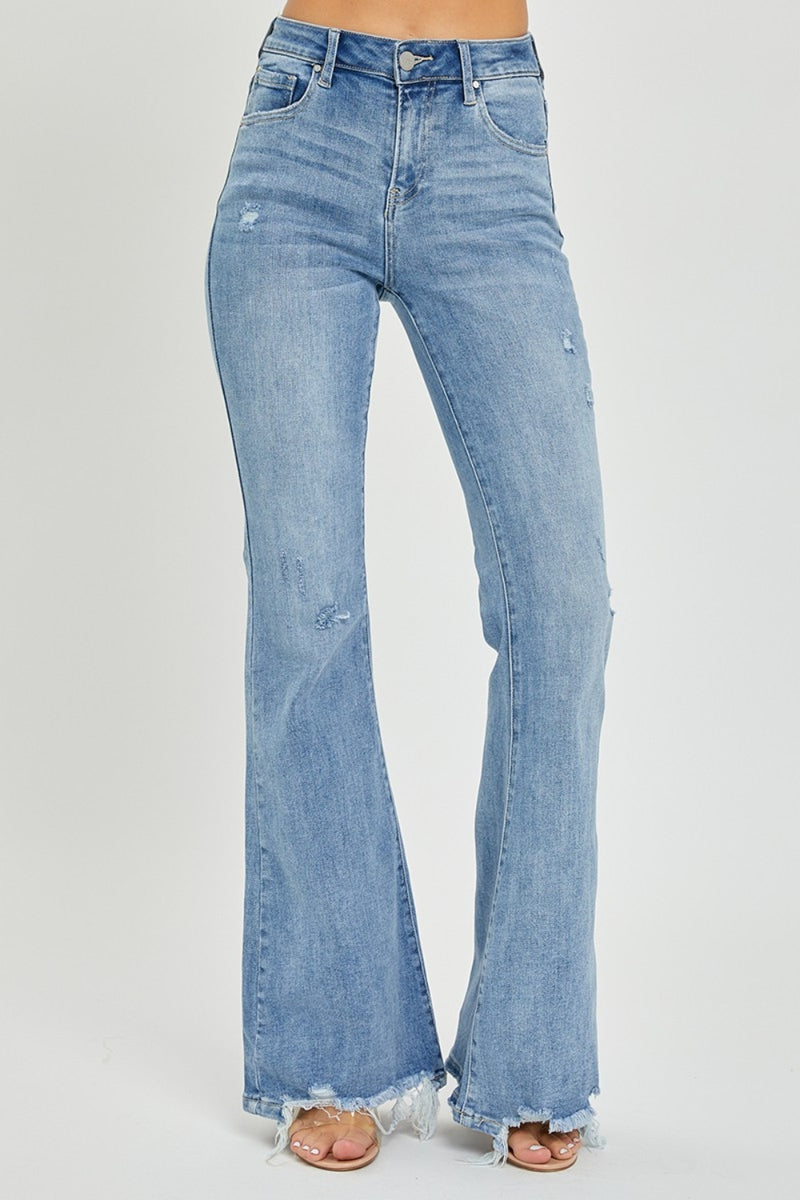 Risen High Rise Distressed Frayed Hem Flare Jeans