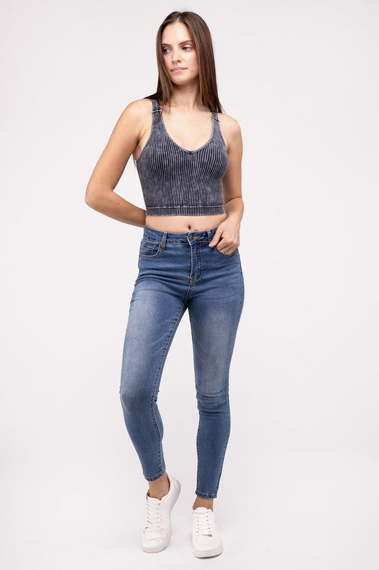 Mineral Wash Ribbed Cropped V-Neck Tank Top