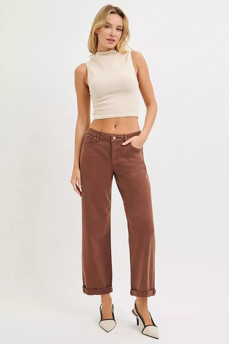 Risen Mid Rise Tummy Control Ankle Barrel Baggy Pants
