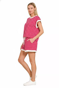 Zenana Stripe Contrast Trim Top & Shorts Set in Ruby Red