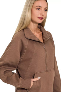 Zenana Half Zip Fleece Sweatshirt with Kangaroo Pocket in Brown