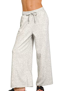 Zenana Heather Grey Scuba Drawstring Wide Leg Pants