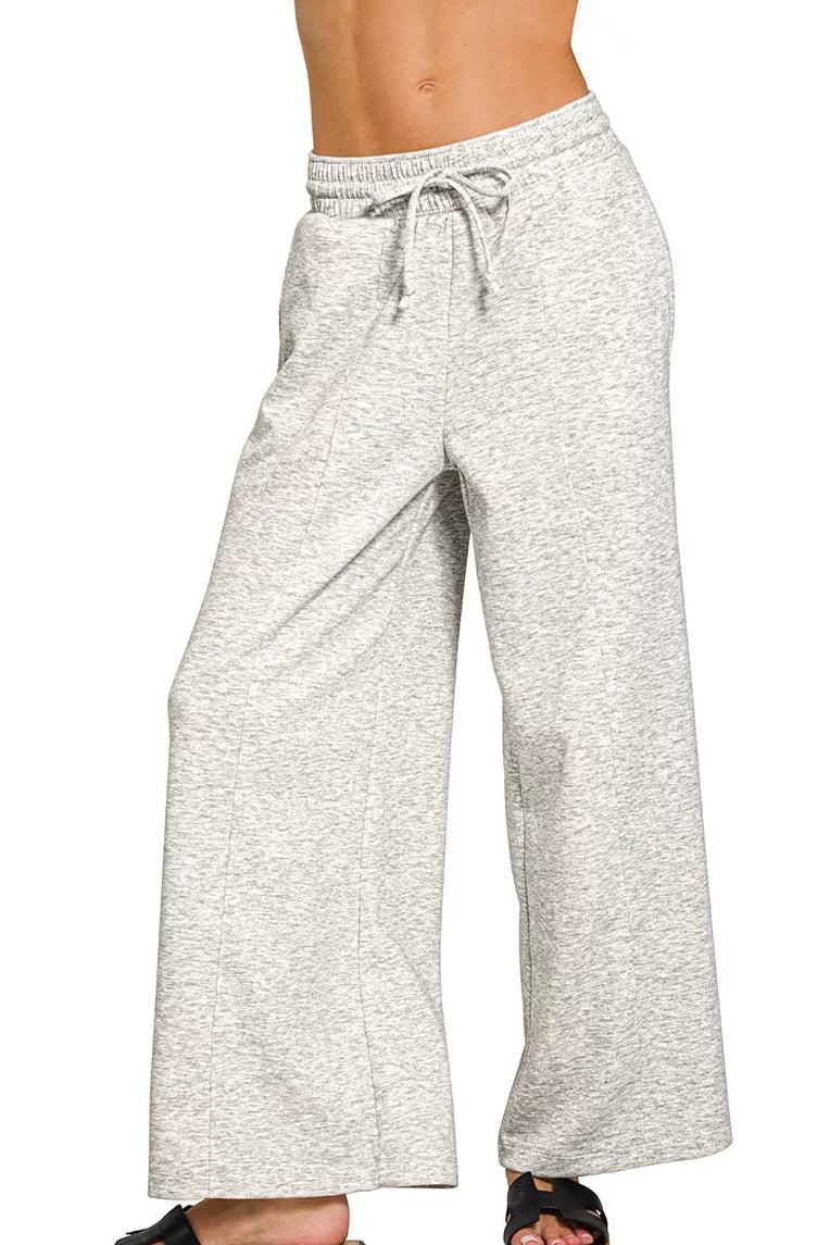 Zenana Heather Grey Scuba Drawstring Wide Leg Pants
