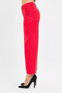 Risen High Rise Ankle Cuffed Barrel Pants in Scarlet Red