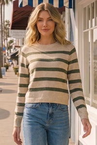 Zenana Lightweight Striped Round Neck Sweater in Dark Olive
