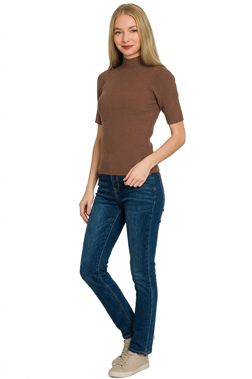 Zenana Viscose Ribbed Mock Neck Sweater Knit Top in Brown