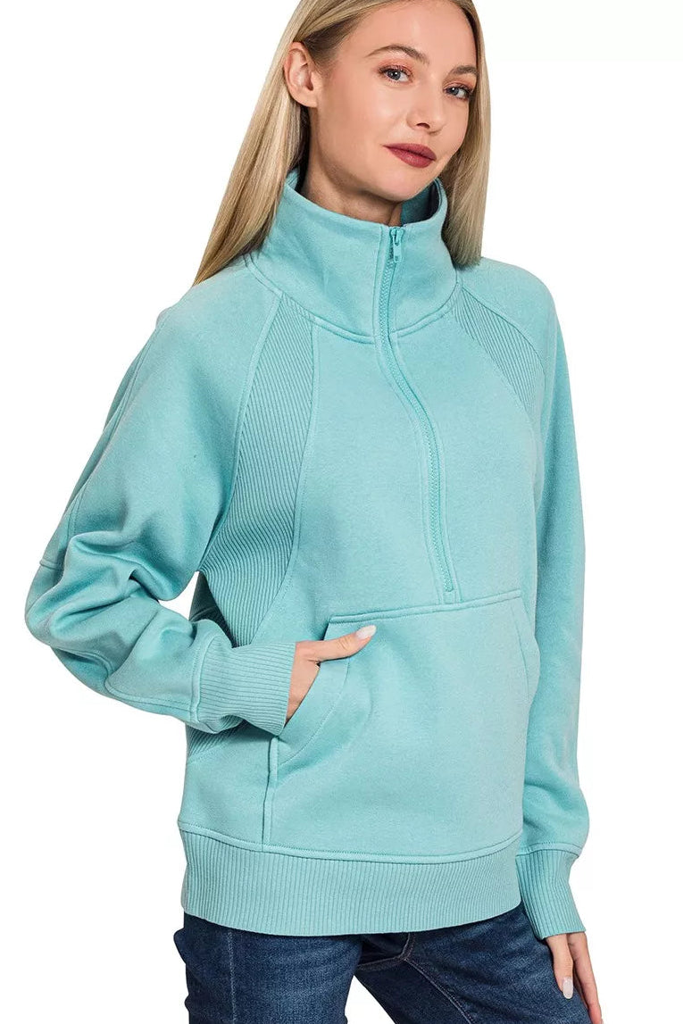 Zenana Half Zip Fleece Sweatshirt with Kangaroo Pocket in Dusty Teal