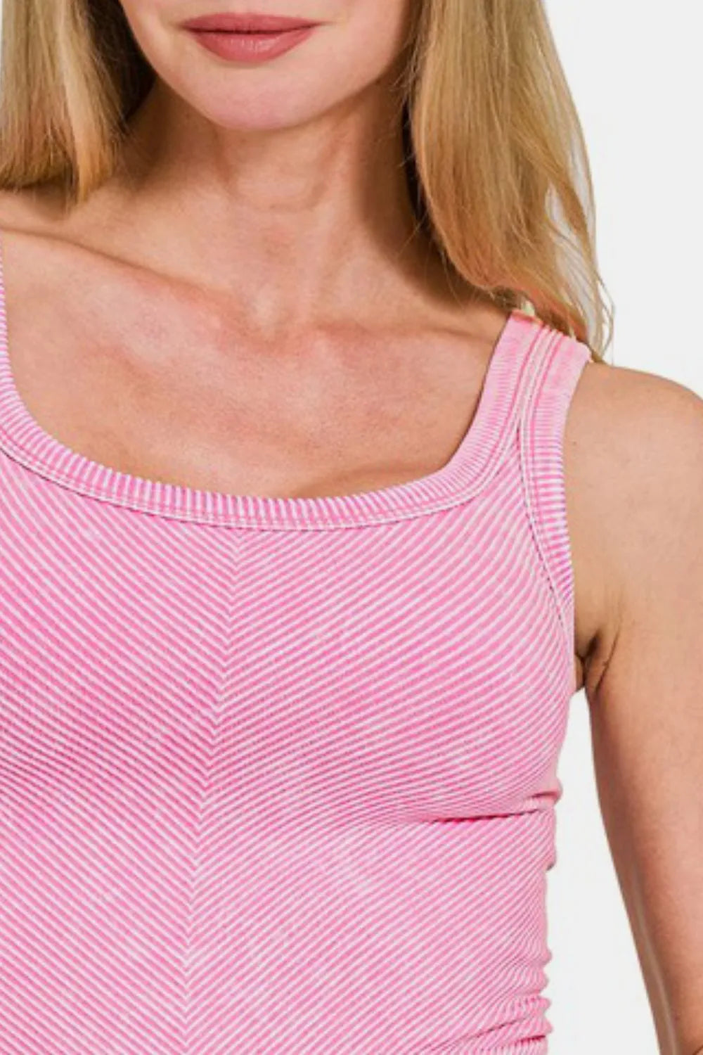 Zenana Washed Ribbed Scoop Neck Wide Strap Tank in Candy Pink