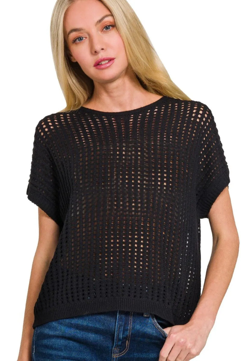 Zenana Crochet Knit Sheer Hollow Sweater