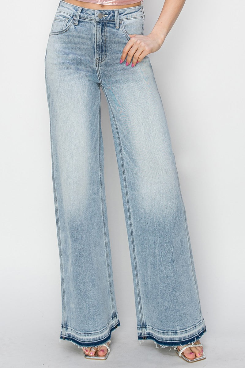 Risen High Rise Release Hem Wide Leg Jeans