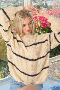 Zenana Oversize Striped Sweater in Taupe