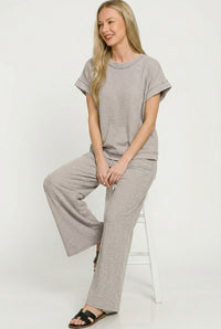 Zenana Cotton Slub Short Sleeve Tee and Pants Set in Sleet Grey