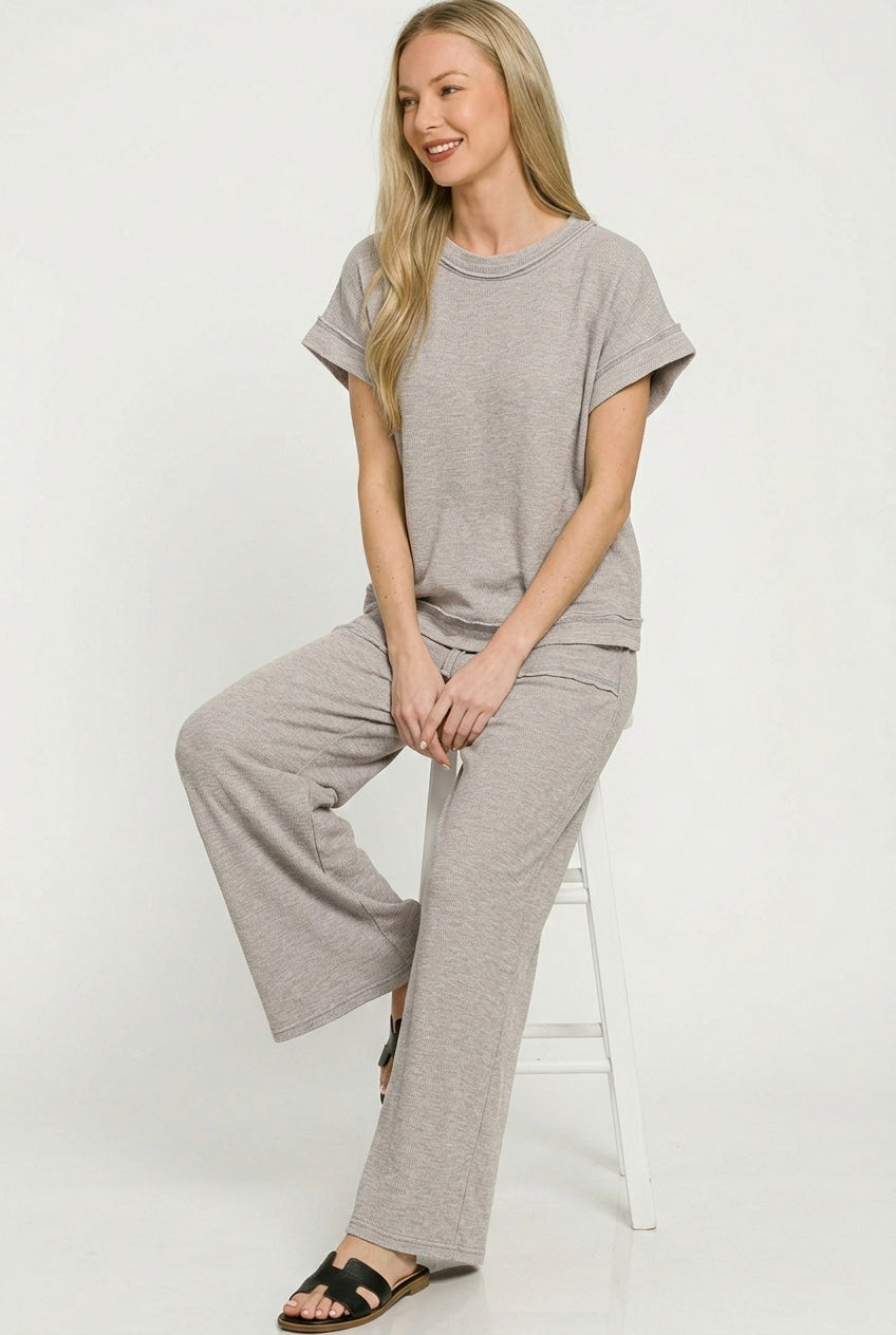 Zenana Cotton Slub Short Sleeve Tee and Pants Set in Sleet Grey